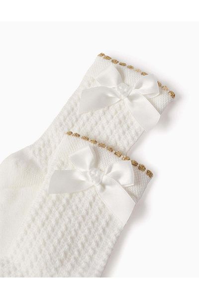 Ziddy Textured Socks with Bow for Girls, White/Gold
