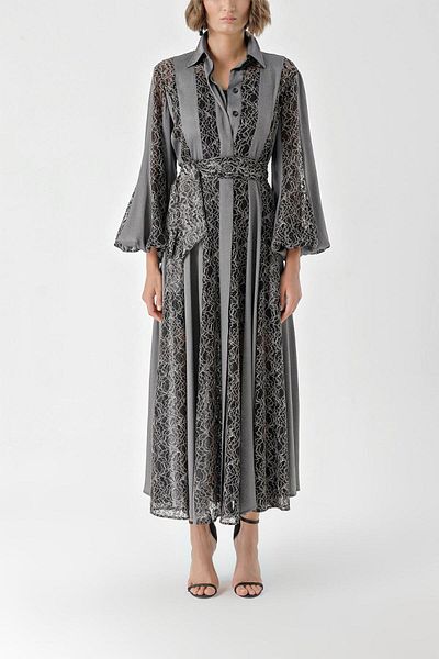 SOCIETA Gray Black Lace detailed long shirt dress 94342