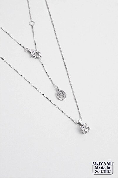 So CHIC... Mozanit Dokunuşu 18 Ayar Beyaz Altın Kaplama 45 Cm Gümüş Tektaş Kolye