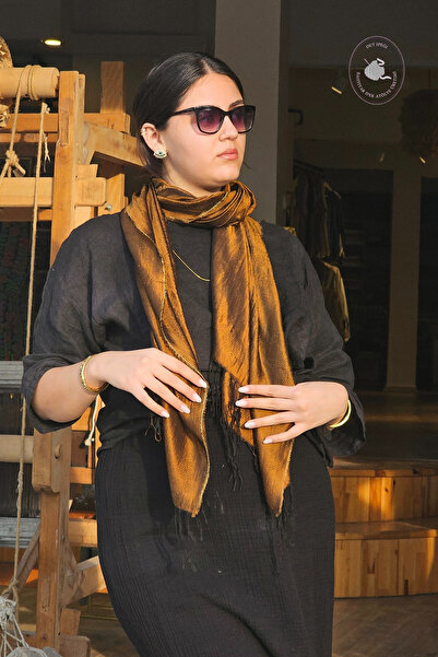 Bahtiyar İpek Kahverengi Kendinden Desenli İpek Şal