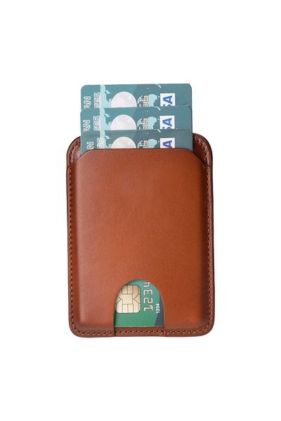 Lev Leather Магнитен държач за кредитна карта от естествена кожа - портфейл Magsafe, съвместим смартфон