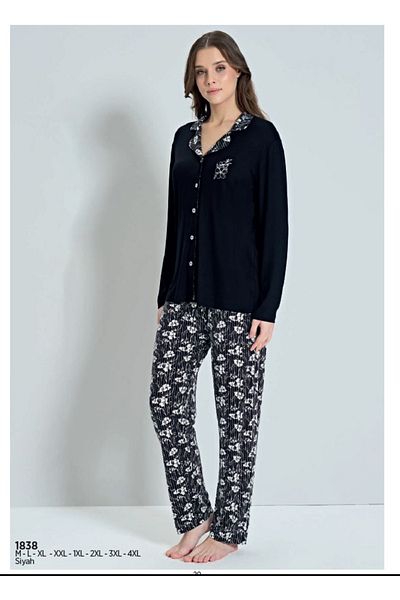 Pijadore Set pijama oversize cu mânecă lungă pentru femei, negru