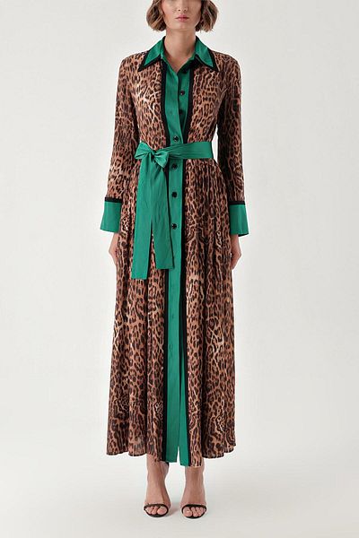SOCIETA Leopard-Green Two-color Gathered long dress 94318