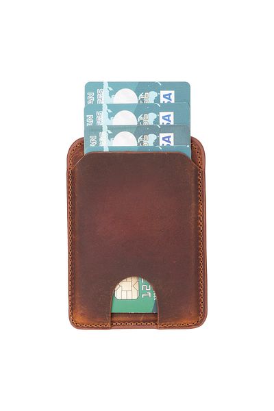 Lev Leather Магнитен държач за кредитна карта от естествена кожа - портфейл Magsafe, съвместим смартфон