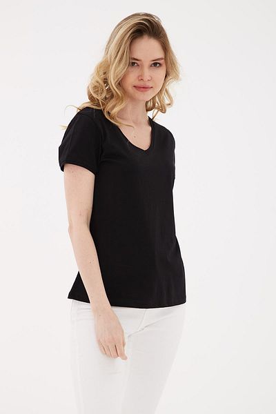 Fashion Friends Tricou negru 100% bumbac cu decolteu în V