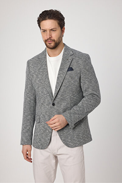 Frappoli Ubaldo Erkek Lacivert Keten Görünümlü Örme Esneyen Likralı Pamuk Karışımlı Blazer Ceket