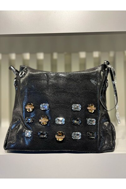 KRISTE BELL - TAŞ DETAYLI SİYAH OMUZ ÇANTASI