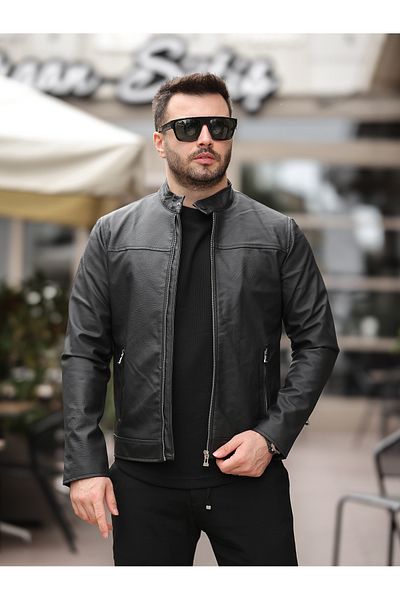 BASEL.CO Ανδρικό Premium μανίκια και τσέπες με φερμουάρ Λεπτομερές εποχιακό δερμάτινο μπουφάν με κούμπωμα στον γιακά
