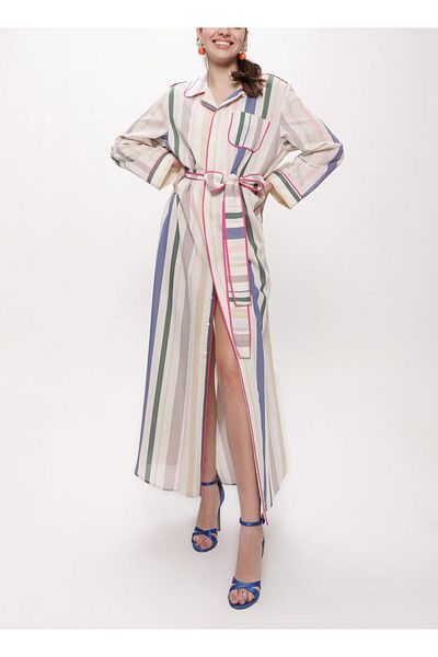 SOCIETA Striped Contrast Piping and Belted Shirt Dress 94108