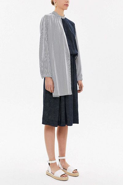SOCIETA Striped Fabric Combination Buttoned Midi Dress 92805