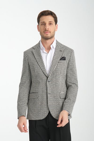 Frappoli Ανδρικό μπλέιζερ Remos με μοτίβο μαύρο Houndstooth από ελαστικό ύφασμα μονό γιακά