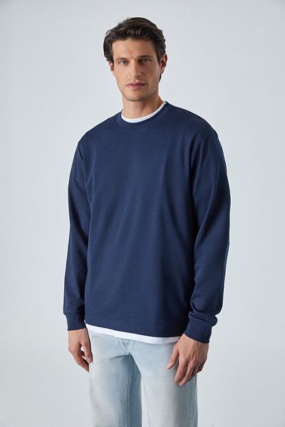 GRIMELANGE Boone Men's Regular Crew Neck Long Sleeve Navy Blue T-Shirt