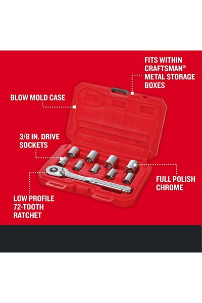 CraftSman طقم مقابس قياسي متري مكون من 10 قطع من الفولاذ المقاوم للصدأ ومكون من 6 نقاط بقياس 3 و8 بوصات