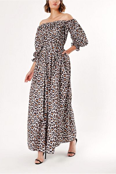 SOCIETA Leopard Off-Shoulder Loose Fit Dress 92635