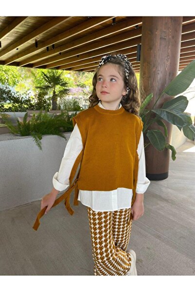 Hilal Akıncı Kids Kız Çocuk Fuşya Triko Süveter Beyaz Gömlek Kazayağı Model Pantolon 3'lü Takım