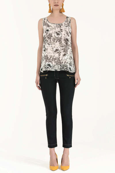 SOCIETA Ekru Desenli Bol Kesim Kolsuz Bluz 19692