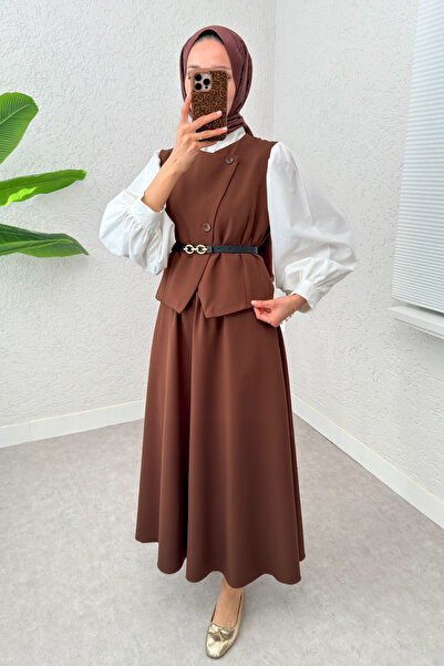 Salih Çelebi 24123 Model Brown Belted Vest and Skirt Set
