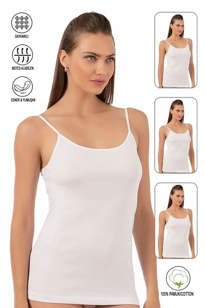 ÖZKAN underwear Özkan 0107 - 3 عبوات من القميص الداخلي المرن المضلع للنساء، 100% قطن، مع حزام حبل