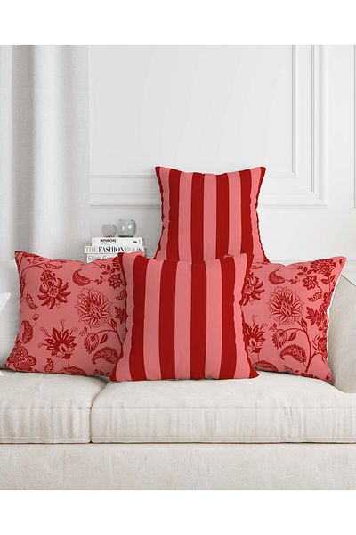 Mumi Dekor Ethnic Stripe Patterned Digital Printed 4-Piece Sofa Pillow and Throw Pillow Case Set in Red Colors