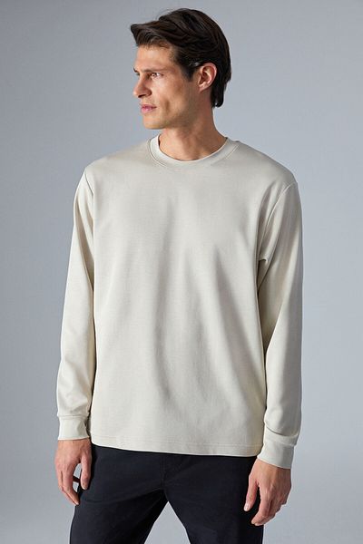 GRIMELANGE Boone Men's Regular Crew Neck Long Sleeve Beige T-Shirt