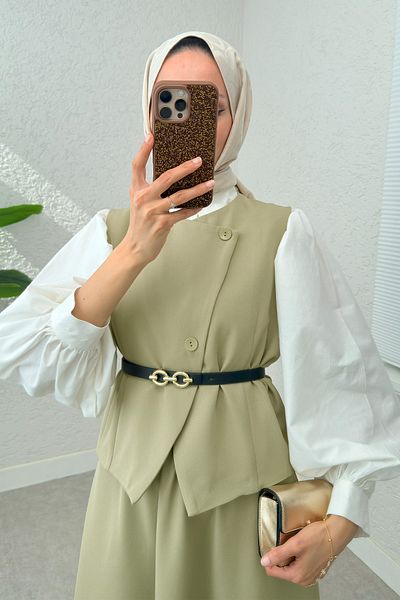 Salih Çelebi Belted Vest Skirt Suit 24123 (Light Khaki)