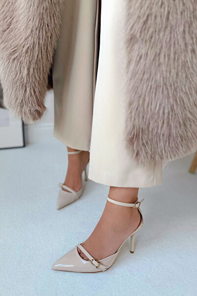 POLKA STORE Charm Pointed Toe Tape Detailed Metal Buckle Back Open Stiletto Evening Dress Heeled Women's Shoes