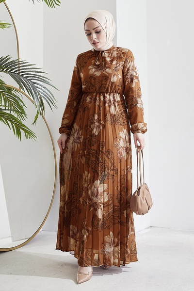 InStyle Serena Flower Pattern Pleated Dark Brown Chiffon Dress