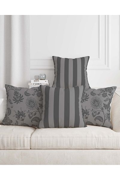 Mumi Dekor Ethnic Stripe Patterned Digital Printed 4-Piece Sofa Pillow and Throw Pillow Cover Set in Gray Tones