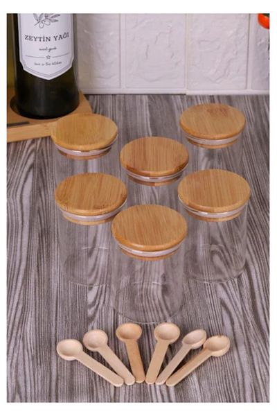 Pembelia Life Set of 6 Spice Jars with Spoon and Bamboo Lid Borosilicate Glass 250ml