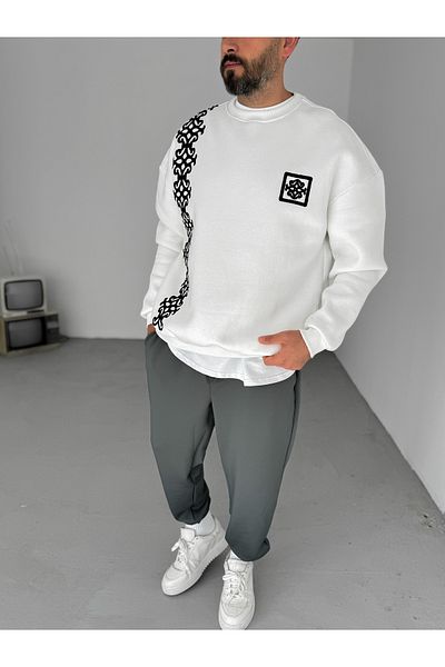 BYBASICMAN White Chain Embroidered Pocket Sweatshirt B-2062