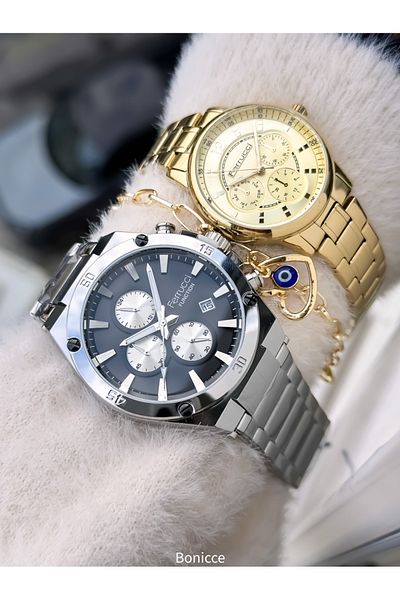 Ferrucci Brand Steel Cord Silver Yellow Color, Lover Watches + Rosary Bracelet
