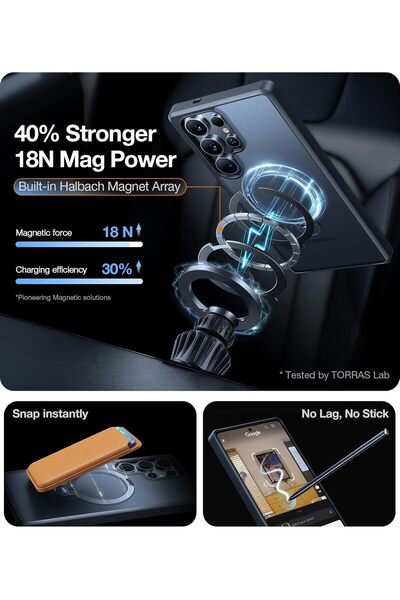 TORRAS 360° Spin Magnetic Case For S25 Ultra: Magsafe, Mil- Grade, Kickstand, Ring Holder, Black