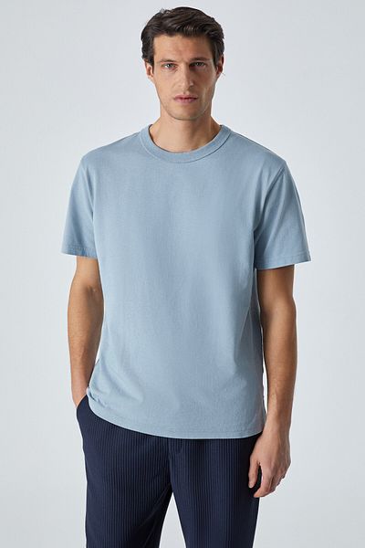 GRIMELANGE Peltz Men's Relaxed Bicycle Collar Short Sleeve Blue T-Shirt