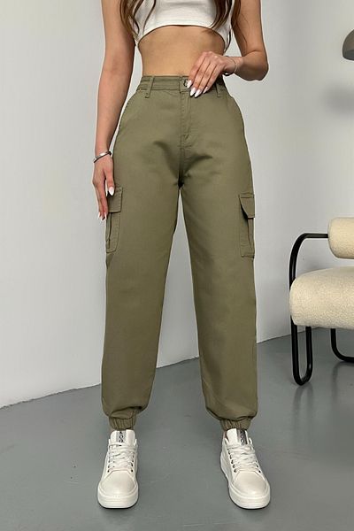 BİKELİFE Gabardine Fabric Green Cargo Pants with Pockets