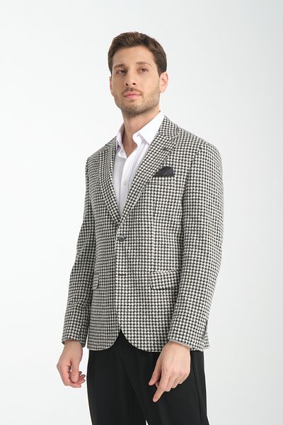 Frappoli Ανδρικό μπλέιζερ Remos με μοτίβο μαύρο Houndstooth από ελαστικό ύφασμα μονό γιακά