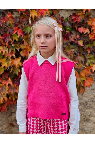Hilal Akıncı Kids Girl's Fuchsia Knitwear Pullover White Shirt Houndstooth Model Trousers 3-Piece Set