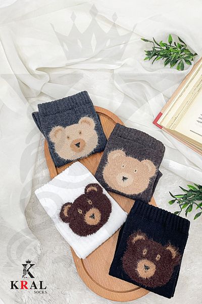 KRAL SOCKS Комплект чорапи от памук, устойчиви на пот, за жени и мъже, сладък модел плюшено мече (4 чифта)