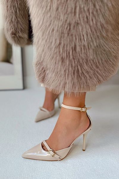 POLKA STORE Charm Pointed Toe Tape Detailed Metal Buckle Back Open Stiletto Evening Dress Heeled Women's Shoes