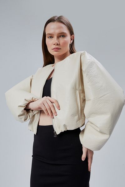 CHOS7N Γυναικείο Puff Elastic Sided Soft Bomber Jacket Crewneck Μακρυμάνικο Μπροστινό Παλτό με φερμουάρ