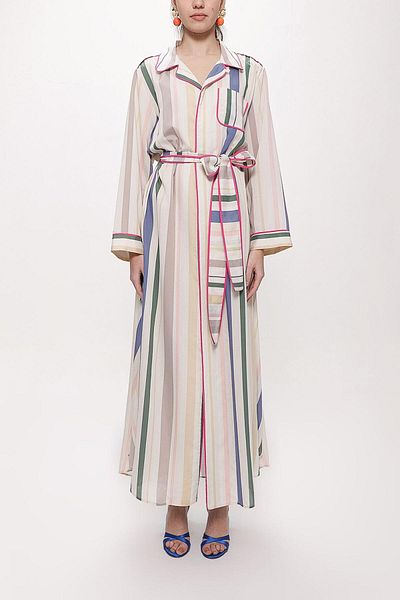 SOCIETA Striped Contrast Piping and Belted Shirt Dress 94108