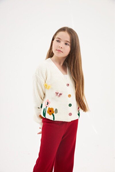 Hilal Akıncı Kids Renkli Düğmeli Floral Desenli Beyaz Triko Hırka Renkli Pantolon 2'li Takım