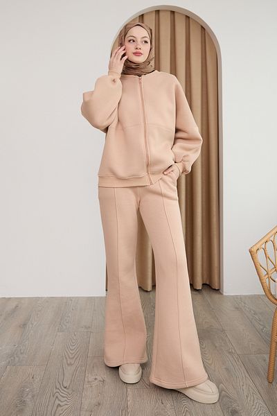InStyle طقم بدلة رياضية بني حليبي بسحاب