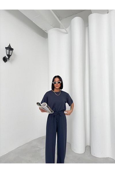 LOCH BUTİK Women's Gray Short Sleeve Elastic Waist Tracksuit Set