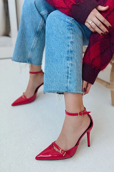 POLKA STORE Charm Bandă cu vârf ascuțit Detaliu Cataramă metalică Spate deschis Rochie de seară Stiletto Pantofi de damă cu toc