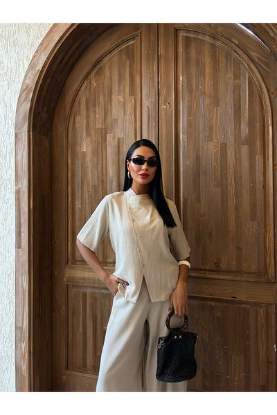 MAUN COLLECTION Judge Collar Cross Buttoned Plazzo Trousers Viscon Linen Suit