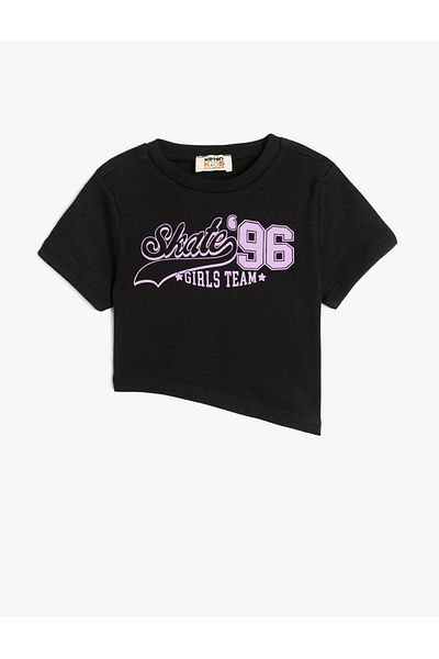Koton Slogan Printed Asymmetric Cut Crew Neck Cotton Short Sleeve Crop T-Shirt