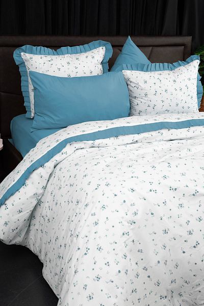FAVORA Set cuvertură dublă Floria Premium 100% bumbac cu volane - Albastru