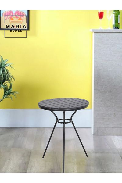 MARIA HOMES Modern Outdoor Round Table – Metal Frame & Wood-Effect Top, 60 x 75 cm