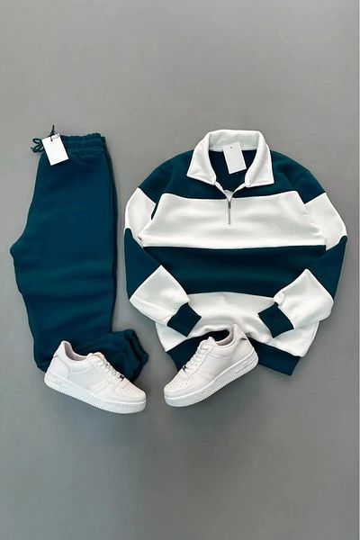 NO 601 Unisex Petrol Patternless Five Piece Stand Collar Sweat Petrol Sweatpants Set