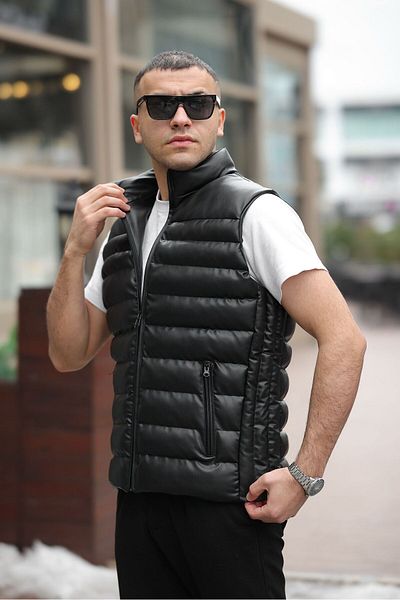 MODA New Season Men's Black Puffer Leather Vest